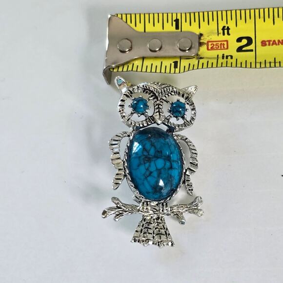 Vintage Gerry's Owl Brooch Women's Silver Faux Turquoise Cabochon Autumn Birding - Picture 8 of 8